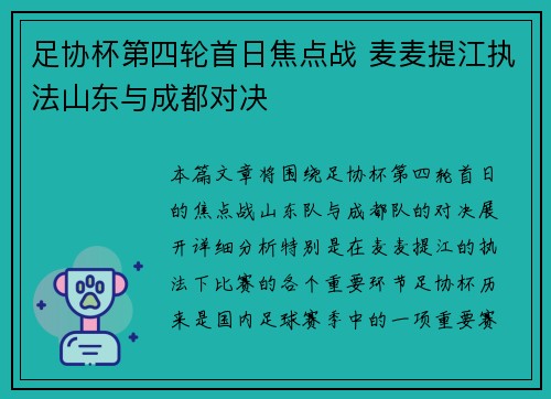 足协杯第四轮首日焦点战 麦麦提江执法山东与成都对决