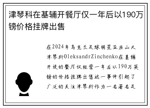 津琴科在基辅开餐厅仅一年后以190万镑价格挂牌出售