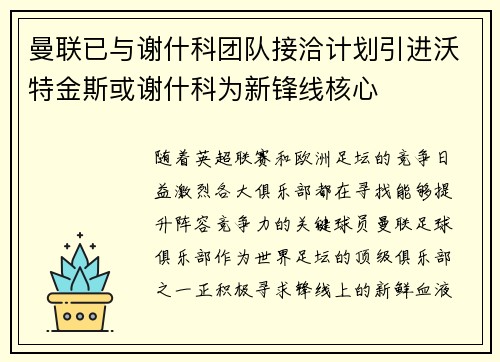 曼联已与谢什科团队接洽计划引进沃特金斯或谢什科为新锋线核心